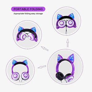 esonstyle Kids Headphones Over Ear with LED Glowing Ears Wired Kids Headsets 85dB Volume Limited 3.5mm Cute Girls Headphones for Online Learning/School/Travel/Tablet (Purple-Cat)