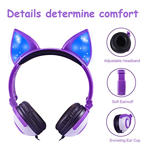 esonstyle Kids Headphones Over Ear with LED Glowing Ears Wired Kids Headsets 85dB Volume Limited 3.5mm Cute Girls Headphones for Online Learning/School/Travel/Tablet (Purple-Cat)