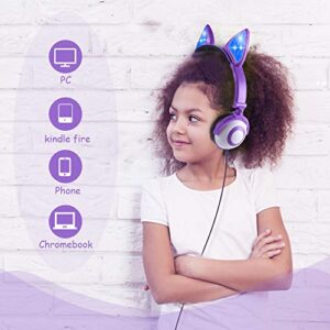 esonstyle Kids Headphones Over Ear with LED Glowing Ears Wired Kids Headsets 85dB Volume Limited 3.5mm Cute Girls Headphones for Online Learning/School/Travel/Tablet (Purple-Cat)
