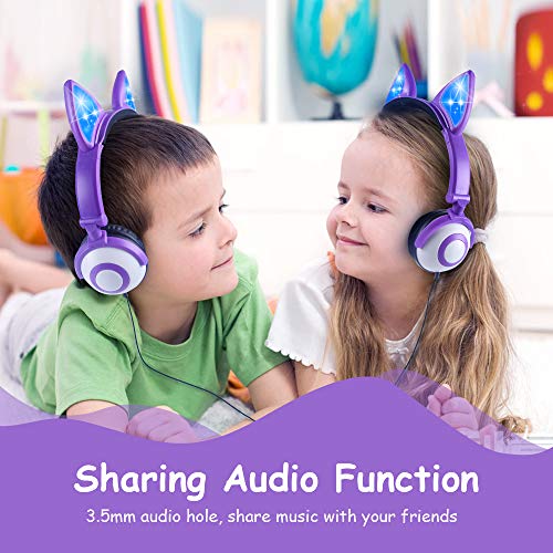 esonstyle Kids Headphones Over Ear with LED Glowing Ears Wired Kids Headsets 85dB Volume Limited 3.5mm Cute Girls Headphones for Online Learning/School/Travel/Tablet (Purple-Cat)