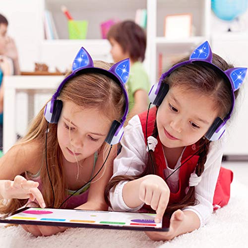 esonstyle Kids Headphones Over Ear with LED Glowing Ears Wired Kids Headsets 85dB Volume Limited 3.5mm Cute Girls Headphones for Online Learning/School/Travel/Tablet (Purple-Cat)