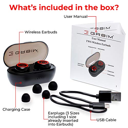 GR8IM Wireless Earbuds TWS Stereo Bluetooth 5.0 in-Ear Headphones with Deep Bass, Built-in Mic, Answer Phone Call Earphone IPX5 Waterproof Sports Earpiece with Charging Case