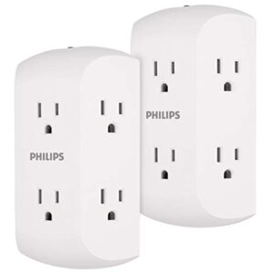 philips 6-outlet extender, 2 pack, resettable circuit breaker, adapter spaced outlets, 3-prong, charging station, side access, grounded wall tap, perfect for cell phone charging, white, sps1462wa/37
