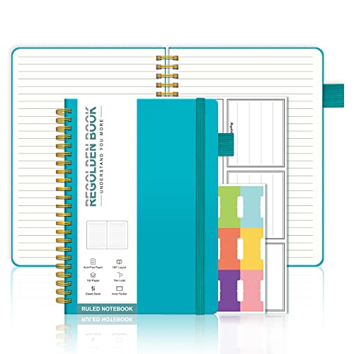 Regolden-Book Spiral Ruled Notebook, Ruled Lined Hardcover Journal for Note Taking, 100Gsm Thick Paper with Pocket for Men & Women School/College/Work/Office, 160 Pages, 5.5x8.5, (Teal)