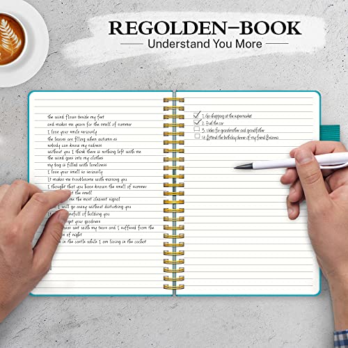 Regolden-Book Spiral Ruled Notebook, Ruled Lined Hardcover Journal for Note Taking, 100Gsm Thick Paper with Pocket for Men & Women School/College/Work/Office, 160 Pages, 5.5x8.5, (Teal)