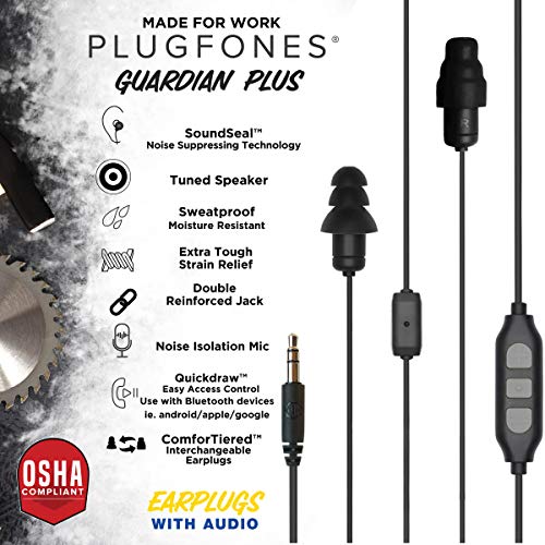 Plugfones Guardian Plus in-Ear Earplug Earbud Hybrid - Noise Reduction in-Ear Headphones with Noise Isolating Mic and Controls (Black)