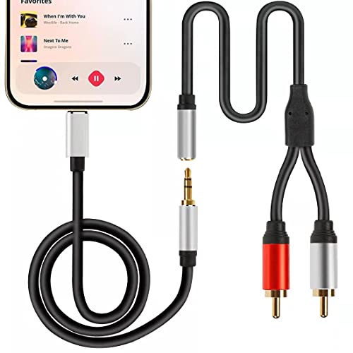 2-in-1 Audio Cable-iOS Port to 3.5mm Plug Cable and Female 3.5mm aux-in to RCA Stereo Adapter Cord Compatible with iPhone/iPod/iPad to Headphone, Car, Speaker, Amplifier, Home Theater etc.(5.9ft)