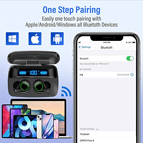 bakibo Earbuds Wireless Bluetooth 5.0, Ear Buds 156hr Playtime with USB C Digital Display Charging Case, in-Ear Headphones with Mic Bass IPX7 Waterproof Earphones for iPhone Android, Black