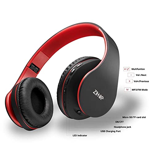 2 Items,1 Black Red Zihnic Over-Ear Wireless Headset Bundle with 1 Black Gray Zihnic Foldable Wireless Headset