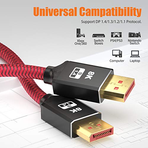BIFALE VESA Certified 8K DisplayPort 1.4 Cable 10ft 2Pack, DP 1.4 Cable Nylon Braided Supports (8K@60Hz, 4K@144Hz and 1080P@240Hz), HBR3, 32.4Gbps, HDCP 2.2, DSC1.2 for Laptop Gaming Monitor