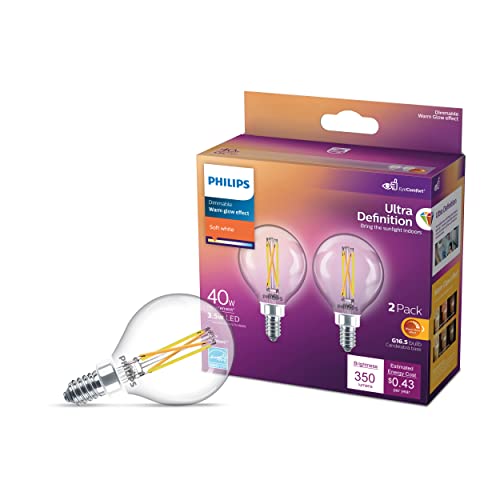 Philips LED Ultra Definition G16.5 Glass Light Bulb, EyeComfort Technology, Dimmable, 350 Lumen, Soft White Light (2700K), 3.5W=40W, E12 Base, 2-Pack (573303)