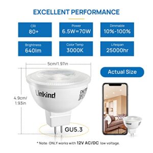 Linkind MR16 LED Bulb Dimmable, GU5.3 Bi-Pin Base MR16 LED Bulbs, 6.5W (70W Equivalent) 3000K Soft White 640lm MR16 LED Spot Lights, Recessed, Tracking Lights, 12V Low Voltage, 6 Packs