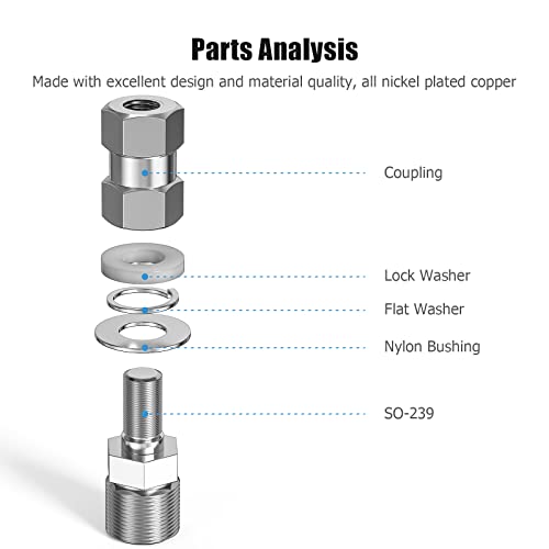 Heavy Duty CB Antenna Stud Mount Adapter Copper Nickel Plated with SO-239 Connector for Mounting 3/8 x 24 Threads CB HAM Radio Antennas