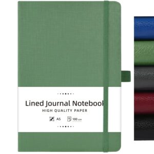 worpice ruled notebook journal – faux leather hardcover writing notebook, 5.7″ x 8.4″, 144 pages, lined notebook/journal with 100 gsm thick paper, elastic closure, back pocket, bookmark – green