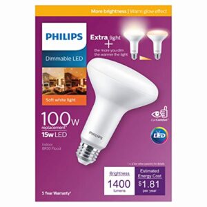 Philips LED Flicker-Free High Lumen BR30, Dimmable Warm Glow Effect, 1400 Lumen, 2700-2200K, 15W=100W, EyeComfort Technology, E26 Base, Title 20 Certified, 4-Pack