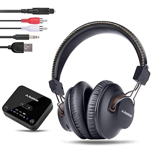 Avantree HT4189 & HS102, Bundle - Wireless Over-Ear Headphones for TV with Bluetooth Transmitter, No Audio Delay, Plug n Play & Metal Headphone Stand Hanger wih Cable Storage Tray, Soft Silicone Skin