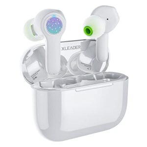 【pearl white】wireless bluetooth earbuds with 6 pair ear tips, ipx8 waterproof touch earphones built in mic, 3d stereo sound with noise canceling, fast type-c charging earbuds for iphone android
