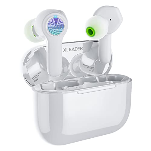 【Pearl white】Wireless Bluetooth Earbuds with 6 Pair Ear Tips, IPX8 Waterproof Touch Earphones Built in Mic, 3D Stereo Sound with Noise Canceling, Fast Type-C Charging Earbuds for iPhone Android