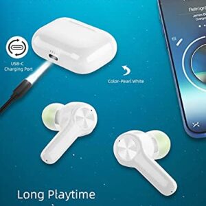 【Pearl white】Wireless Bluetooth Earbuds with 6 Pair Ear Tips, IPX8 Waterproof Touch Earphones Built in Mic, 3D Stereo Sound with Noise Canceling, Fast Type-C Charging Earbuds for iPhone Android