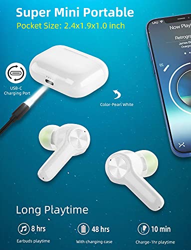 【Pearl white】Wireless Bluetooth Earbuds with 6 Pair Ear Tips, IPX8 Waterproof Touch Earphones Built in Mic, 3D Stereo Sound with Noise Canceling, Fast Type-C Charging Earbuds for iPhone Android