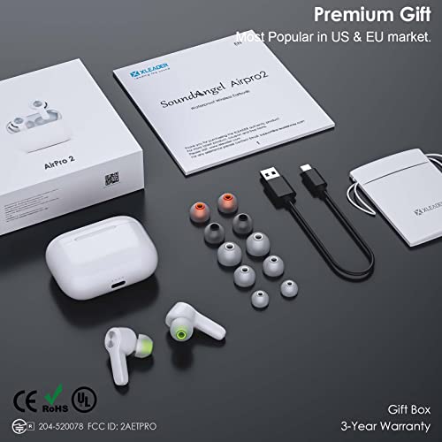 【Pearl white】Wireless Bluetooth Earbuds with 6 Pair Ear Tips, IPX8 Waterproof Touch Earphones Built in Mic, 3D Stereo Sound with Noise Canceling, Fast Type-C Charging Earbuds for iPhone Android