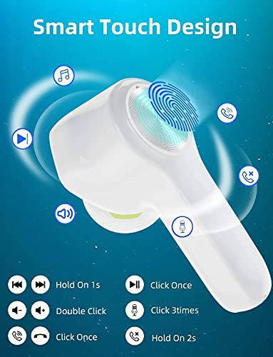 【Pearl white】Wireless Bluetooth Earbuds with 6 Pair Ear Tips, IPX8 Waterproof Touch Earphones Built in Mic, 3D Stereo Sound with Noise Canceling, Fast Type-C Charging Earbuds for iPhone Android