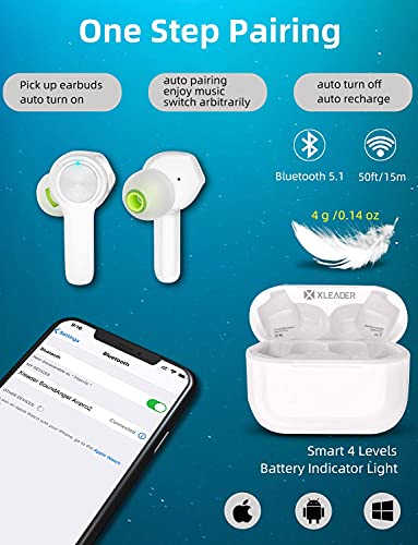 【Pearl white】Wireless Bluetooth Earbuds with 6 Pair Ear Tips, IPX8 Waterproof Touch Earphones Built in Mic, 3D Stereo Sound with Noise Canceling, Fast Type-C Charging Earbuds for iPhone Android