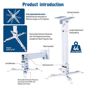 Projector Ceiling/Wall Mount White, Homcine Low Profile Universal Projector Holder/Bracket/Hanger Kit with Extendable Arm, Adjustable Height Pole Mount Drop Ceiling Quick Release For Epson Optoma Benq