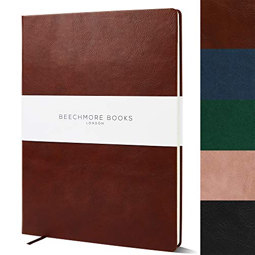 BEECHMORE BOOKS Ruled Notebook - British A4 Journal XL 8.5" x 11.5" Hardcover Vegan Leather, Thick 120gsm Cream Lined Paper | Gift Box | Chestnut Brown