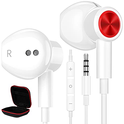 Wired Earbuds for Samsung Galaxy A14 A23 S10 S9, ACAGET 3.5mm Wired Headphones Noise Cancelling Earphone Magnetic Headset Mic & Volume Control with Carrying Case for iPhone 6s 6 5S OnePlus 6T 5T White