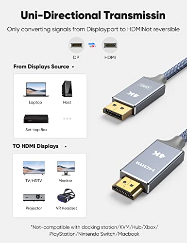 4K DisplayPort to HDMI Cable,Capshi [UHD] 2K@120Hz 4K@30Hz DP to HDMI Cord Nylon Braided Display Port to HDMI Male Uni-Directional Connector for Dell, Monitor, Projector, Desktop, AMD, NVIDIA, HP-6 Ft