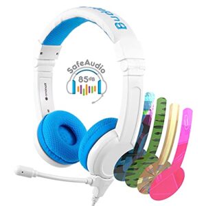 onanoff buddyphones school+ safe audio school headphones for kids, high-performance beammic, detachable buddycable, anti-allergic earpad with carry bag, blue