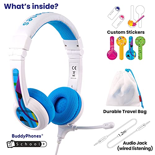 ONANOFF BuddyPhones School+ Safe Audio School Headphones for Kids, High-Performance BeamMic, Detachable BuddyCable, Anti-Allergic Earpad with Carry Bag, Blue
