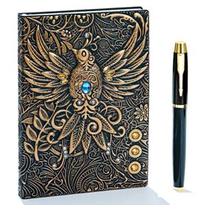 embossed leather journal writing notebook – antique handmade leather daily notepad sketchbook, travel diary & notebooks to write in, phoenix gift for men & women, with golden classic pen, (bronze)