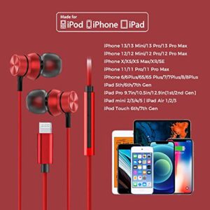 FAPO Lightning Earbuds for iPhone, MFi Certified Wired Earbuds in-Ear Noise Isolation Headphones with Microphone, Headphones for iPhone 13/12/11 Series X/XS/Max/XR iPhone 8/8P/7P(Red)