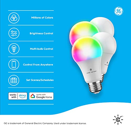 GE CYNC Smart LED Light Bulbs, Full Color, Bluetooth and Wi-Fi Enabled, Compatible with Alexa and Google Home, A19 Bulbs (Pack of 4)