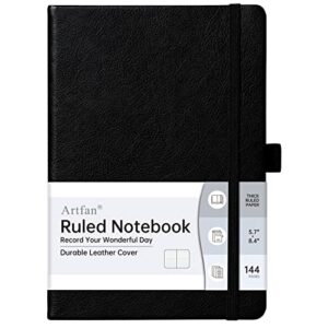 artfan ruled notebook/journal – premium thick paper faux leather classic writing notebook with pocket + page dividers gifts, banded, large, 144 pages, hardcover, lined (5.8 x 8.4) – black