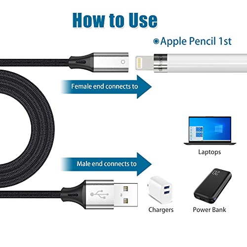 AGVEE 5ft Charging Adapter Cable for Apple Pencil 1st Generation, USB-A Male to Lightning Female Connector Charger Cord Coupler Enables Apple Pencil Pen 1st Gen Match iPad 10, Dark Gray