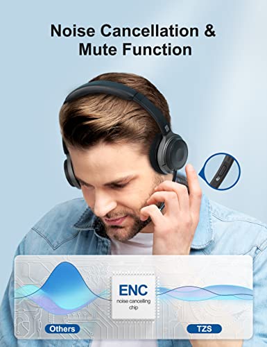 TZS Wireless Headset for Laptop, Bluetooth Headphone with Detachable Boom Mic, On Ear Headphones Noise Cancelling with Mute Function & 26H Talk Time for Home/Office Compatible with iOS and Android