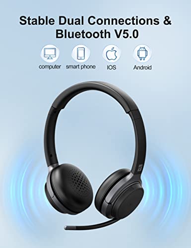 TZS Wireless Headset for Laptop, Bluetooth Headphone with Detachable Boom Mic, On Ear Headphones Noise Cancelling with Mute Function & 26H Talk Time for Home/Office Compatible with iOS and Android