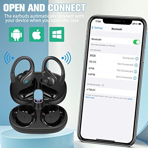 Wireless Earbuds, Bluetooth Headphones Over-Ear Stereo Wireless Earpieces with Charging Case Mics LED Battery Display, Waterproof Sports Wireless Earphones for Sports/Workout/Gym/Running (Black)