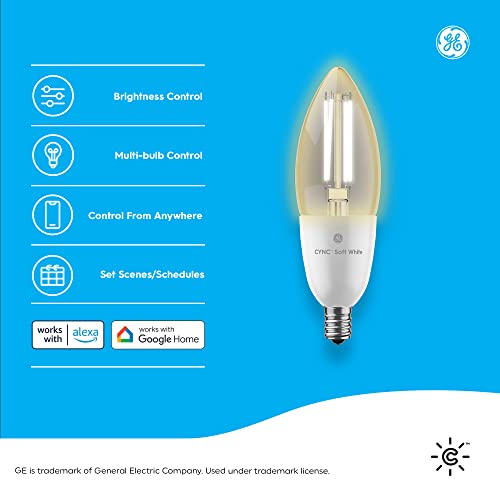 GE CYNC Smart LED Light Bulbs, Soft White, Bluetooth and Wi-Fi, Works with Alexa and Google Home, Decorative Bulbs, Small Base (4 Pack)