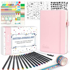 dotted journal kit, feela dot grid journal hardcover planner notebook set for beginners women girls note taking with journaling supplies stencils stickers pens accessories, a5, 224 pages, pink
