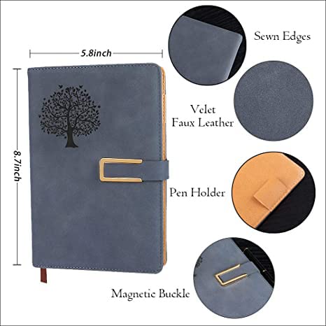 Fanery sue Tree of Life Refillable Writing Journal for Women&Men Faux Leather Hardcover Notebook A5 College Ruled 200 Lined Pages Lay-Flat Personal Diary with Pen&Magnetic Buckle (Tree of Life-Blue)