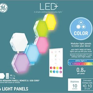 GE LED+ Color Changing LED Hexagon Tile Panels with Remote, No App or Wi-Fi Required, Linking Compatible (6 Pack)