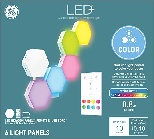 GE LED+ Color Changing LED Hexagon Tile Panels with Remote, No App or Wi-Fi Required, Linking Compatible (6 Pack)