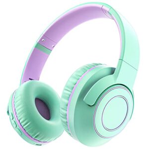 fiupia kids bluetooth headphones with microphone, volume limit 85/94db, on-ear kids headphone for girls boys stereo sound, foldable kids wireless headphones for school/travel/ipad/fire tablet-green