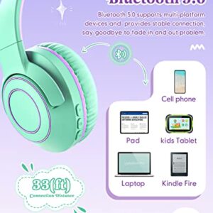 FIUPIA Kids Bluetooth Headphones with Microphone, Volume Limit 85/94dB, On-Ear Kids Headphone for Girls Boys Stereo Sound, Foldable Kids Wireless Headphones for School/Travel/iPad/Fire Tablet-Green