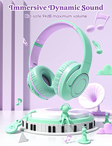 FIUPIA Kids Bluetooth Headphones with Microphone, Volume Limit 85/94dB, On-Ear Kids Headphone for Girls Boys Stereo Sound, Foldable Kids Wireless Headphones for School/Travel/iPad/Fire Tablet-Green
