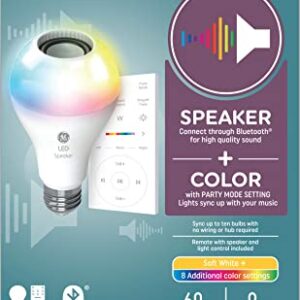 GE LED+ Color Changing Speaker LED Light Bulb with Remote, Multicolor + Warm White, A21 Standard Bulb